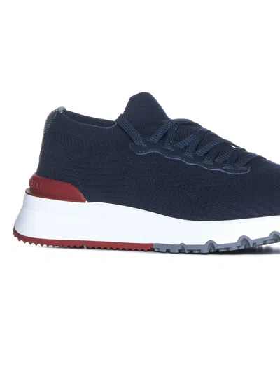 Brunello Cucinelli Men Cotton Knit Sneakers With Leather Inserts In Blue