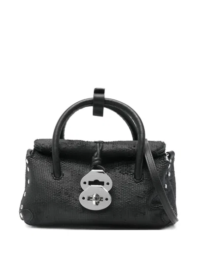 Zanellato Structured Black Hammered Leather Bag With Twist Lock Closure In Black