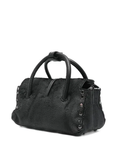 Zanellato Structured Black Hammered Leather Bag With Twist Lock Closure In Black