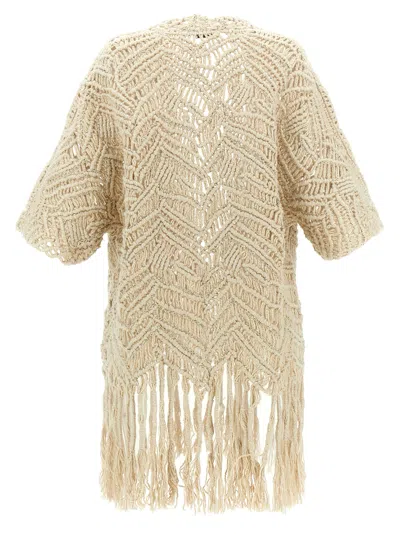 Brunello Cucinelli 'macramé Crochet' Short Sleeve Cardigan With Fringe In Brown