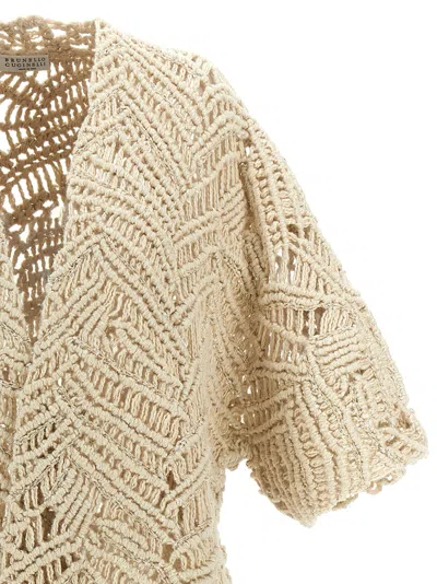 Brunello Cucinelli 'macramé Crochet' Short Sleeve Cardigan With Fringe In Brown