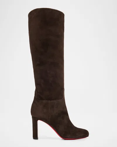 Christian Louboutin 85mm Loo Botta Suede Red Sole Knee-high Boots In Brown
