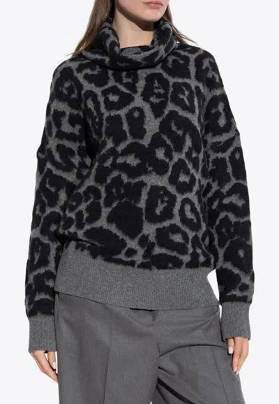 Stella Mccartney Leopard Print Turtleneck Sweater In Wool In Gray
