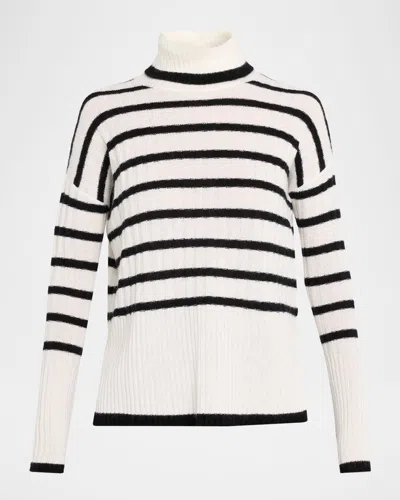 Neiman Marcus Cashmere Striped Rib Knit Turtleneck In Neutral