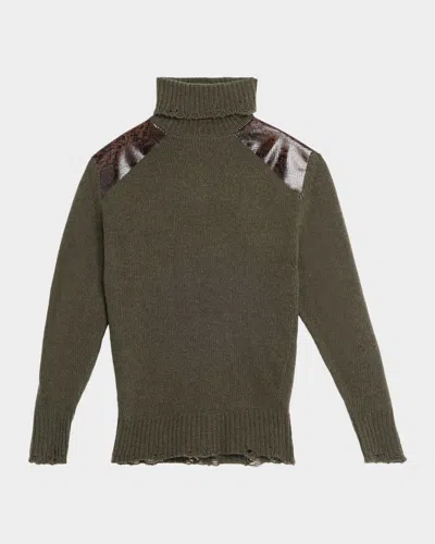 Stella Mccartney Snakeskin-embossed Leather Patch Turtleneck Sweater In Green