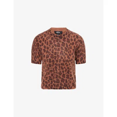 Me And Em And Em Womens Leopard Slim-fit Wool And Cashmere T-shirt Cocoa Brown Multi In Brown
