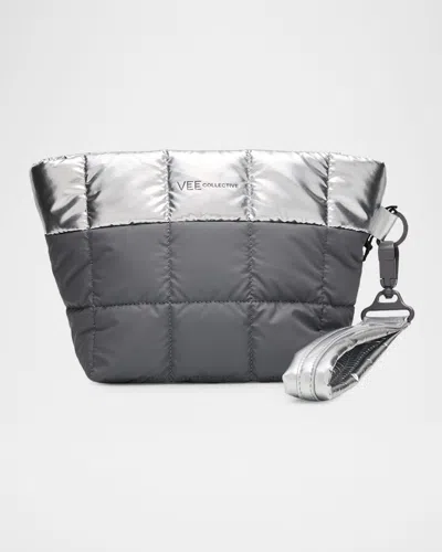 Veecollective Porter Puffy Metallic Nylon Clutch Bag In Silver