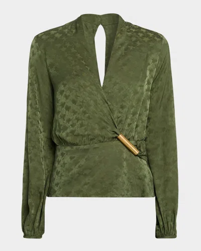 Silvia Tcherassi Elvie Draped Satin Long-sleeve Blouse In Green