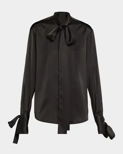 Laquan Smith Bow-neck Metallic Pinstripe Satin Blouse In Black