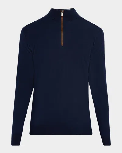 Peter Millar Men's Autumn Crest Suede-trim Sweater In Blue