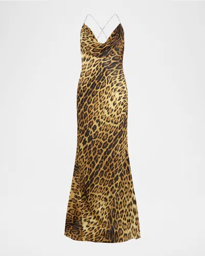 Roberto Cavalli Leopard Print Draped Dress With Open Back In Animal Print