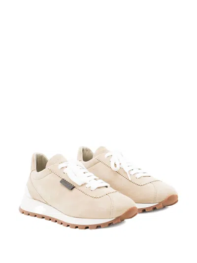 Brunello Cucinelli Suede Sneakers With Textured Platform Sole In Multi