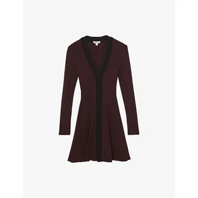 Reiss Burgundy/black Craft-stitch Rib-knit Mini Dress In Brown