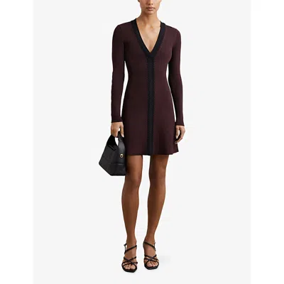 Reiss Burgundy/black Craft-stitch Rib-knit Mini Dress In Brown