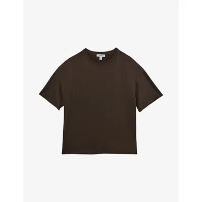 Reiss Womens Chocolate Brown Lena Short-sleeve Silk Top