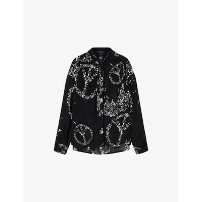 Allsaints Womens Flight Black Hilda Graphic-print Long-sleeve Woven Shirt In Black