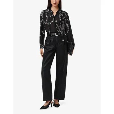 Allsaints Womens Flight Black Hilda Graphic-print Long-sleeve Woven Shirt In Black