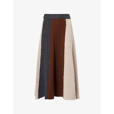 Me And Em And Em Womens Hazelnut Melange Mul Cable-knit Flared Wool And Cashmere Maxi Skirt In Multi