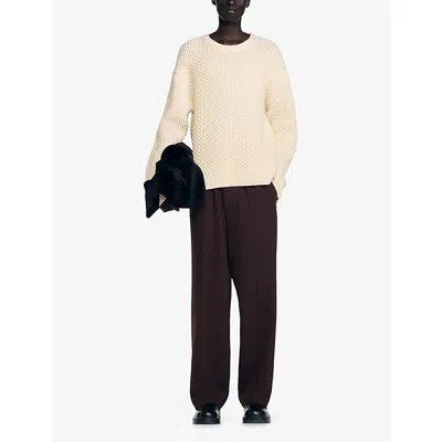 Sandro Mens Off White Honeycomb-stitch Crewneck Wool Jumper In Multi