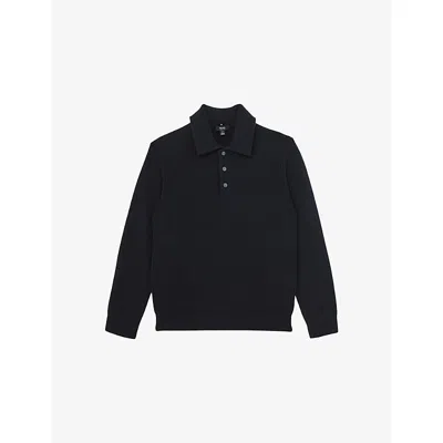 Reiss Mens Deansgate Polo-collar Wool And Cashmere-blend Jumper Navy Xl In Black