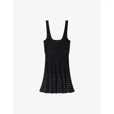 Sandro Womens Black Rhinestone-embellished Sleeveless Knitted Mini Dress In Black