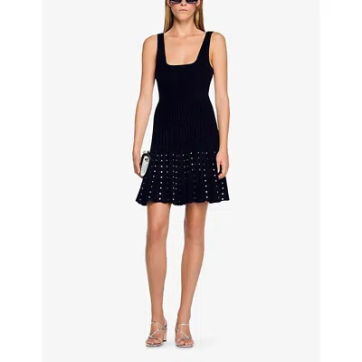 Sandro Womens Black Rhinestone-embellished Sleeveless Knitted Mini Dress In Black