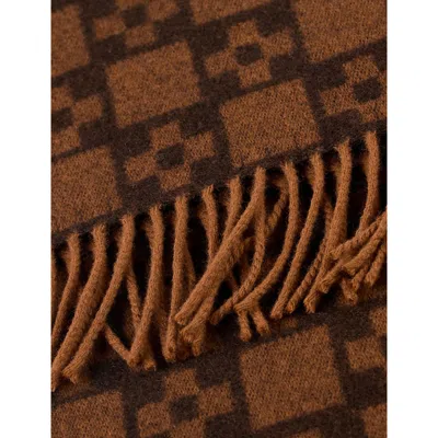 Sandro Mens Cognac Monogram-pattern Fringed Wool Scarf In Brown
