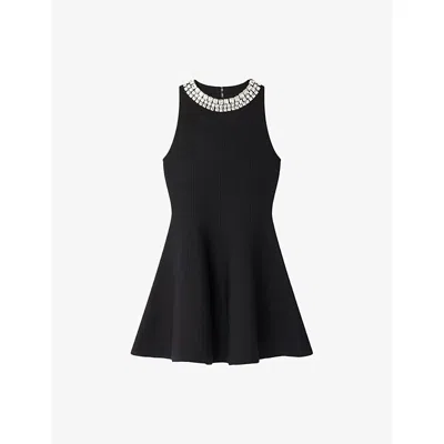 Sandro Womens Black Crystal-embellished Sleeveless Knitted Mini Dress