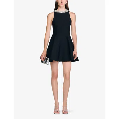 Sandro Womens Black Crystal-embellished Sleeveless Knitted Mini Dress
