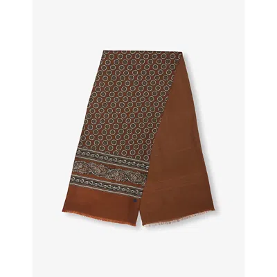 Dunhill Mens Dark Camel Floral Fringed-edge Silk-wool Scarf In Brown