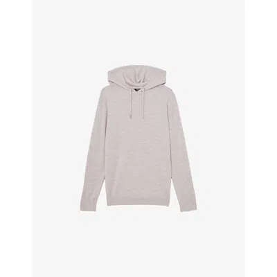 Reiss Mens Wicker Brown Melange Holland Drawstring Merino Wool Knit Hoody In Gray