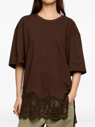 Bimba Y Lola Oversize Lace T-shirt In Brown