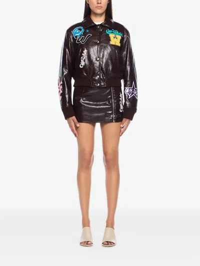 Off-white Crinkled Coated Varsity Jacket In Brown
