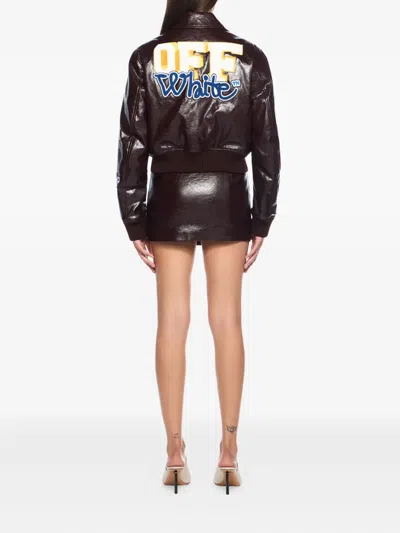 Off-white Crinkled Coated Varsity Jacket In Brown