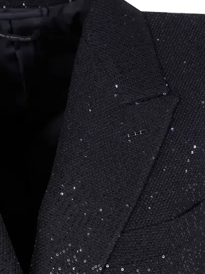 Tom Ford Sequined Wool Blend Crepe Double Breasted Coat In Blue