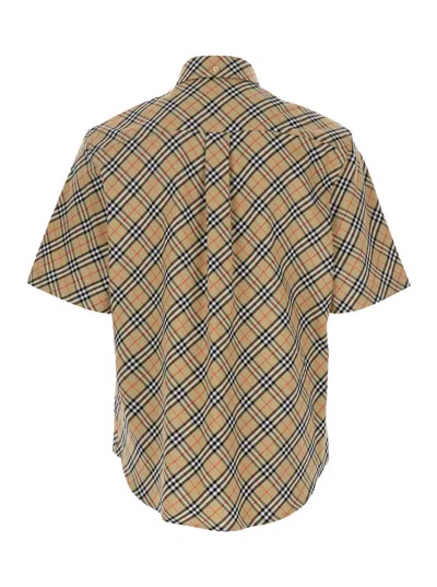 Burberry Men Beige Shirt With All-over Vintage Check Motif In Cotton Man In Brown