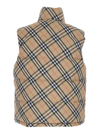Burberry Beige Sleeveless Reversible Down Jacket With High Neck And All-over Check Motif In Tech Fabric Man In Neutral