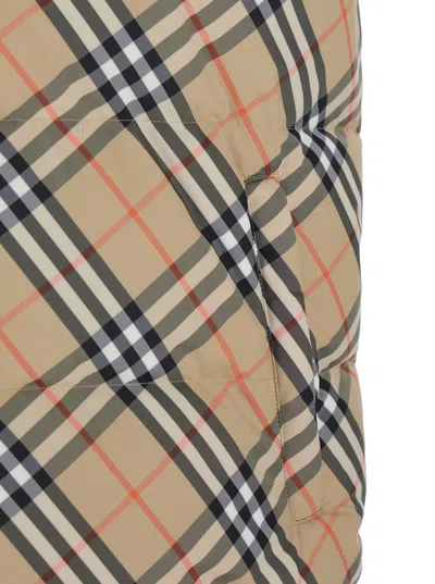 Burberry Beige Sleeveless Reversible Down Jacket With High Neck And All-over Check Motif In Tech Fabric Man In Neutral