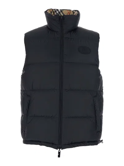 Burberry Beige Sleeveless Reversible Down Jacket With High Neck And All-over Check Motif In Tech Fabric Man In Neutral