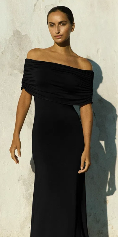 Anemos Ruched Off-the-shoulder Maxi Dress In Compact Jersey In Black