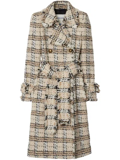 Burberry Double-breasted Belted Frayed Metallic Tweed Coat In Neutral