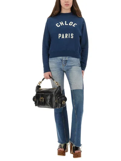 Chloé Women Blue Crewneck Sweatshirt With Logo Lettering Print In Cotton Woman In Blue