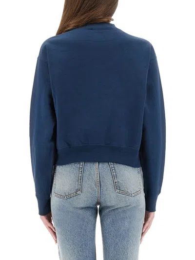 Chloé Women Blue Crewneck Sweatshirt With Logo Lettering Print In Cotton Woman In Blue