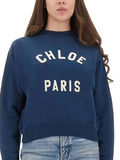 Chloé Women Blue Crewneck Sweatshirt With Logo Lettering Print In Cotton Woman In Blue