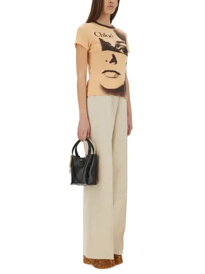 Chloé Women Multicolor Crewneck T-shirt With Maxi Graphic Print On The Front In Wool Blend Woman In Neutral