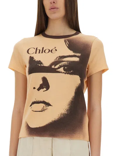 Chloé Women Multicolor Crewneck T-shirt With Maxi Graphic Print On The Front In Wool Blend Woman In Neutral