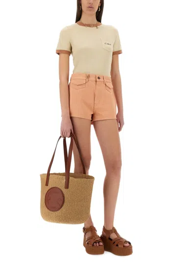 Chloé Chloe Women Salmon Denim Shorts In Pink
