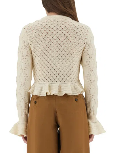 Chloé Latte-colored Crochet Cardigan In Cotton Blend In White