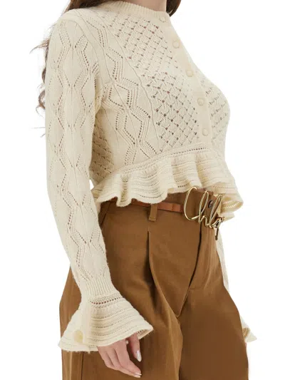 Chloé Latte-colored Crochet Cardigan In Cotton Blend In White