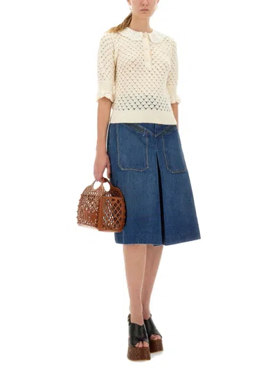 Chloé Button-front Denim Midi Skirt With Patch Pockets In Blue